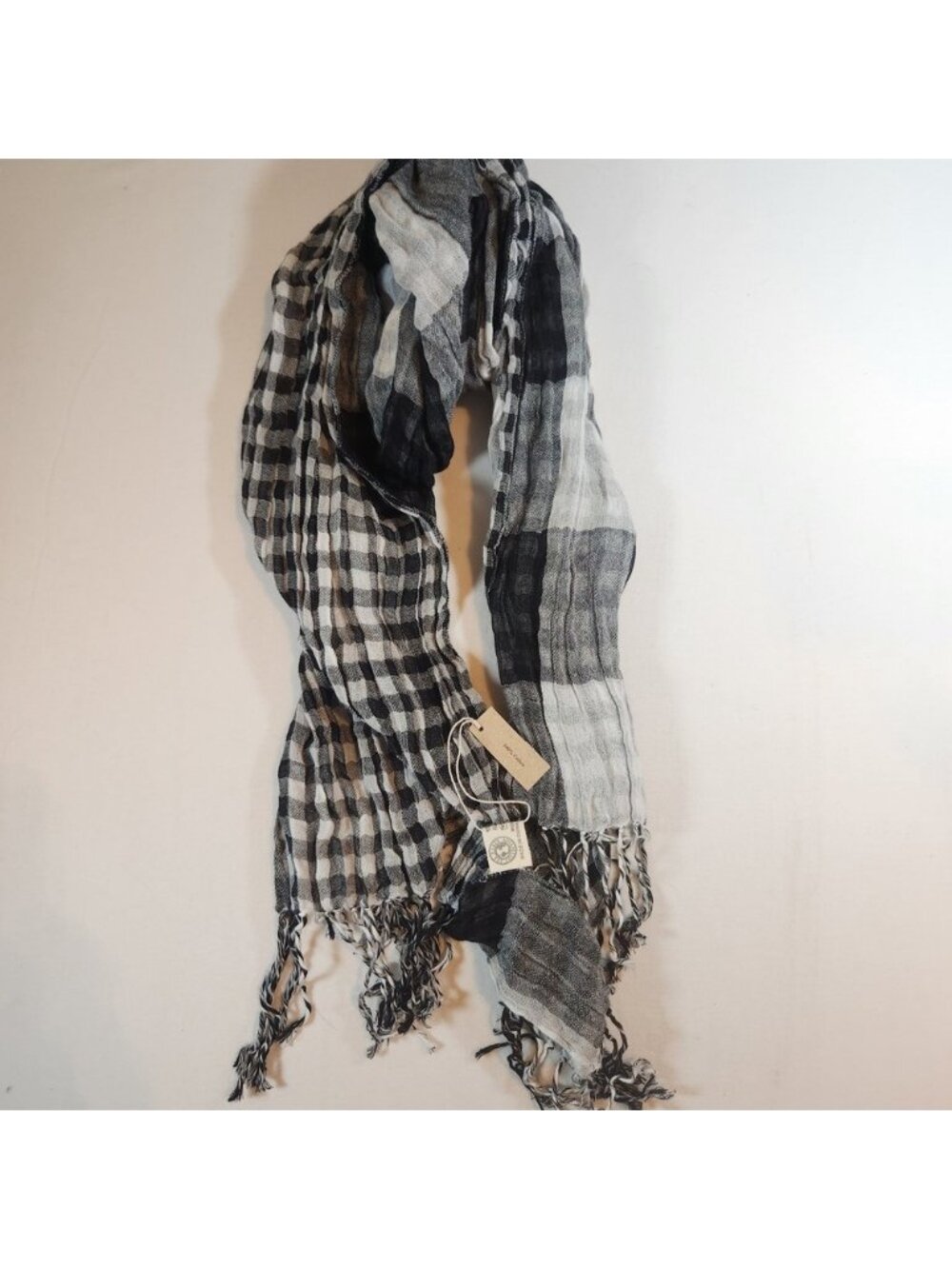 The Earth Collection Black White Gingham Plaid 100% Cotton Fringe Scarf NWT